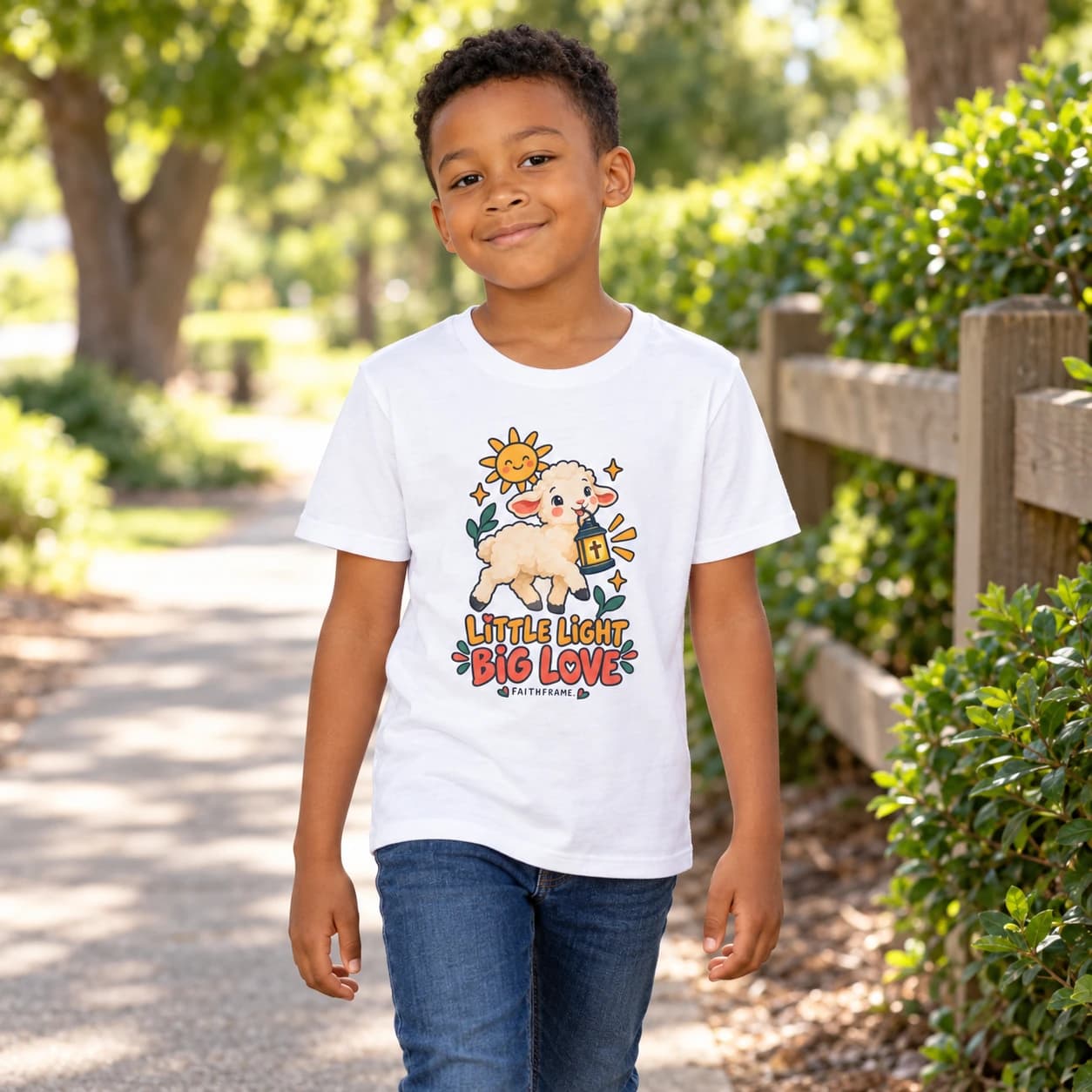 Boy wearing the white Little Light Big Love youth tee on a park path beside a timber fence