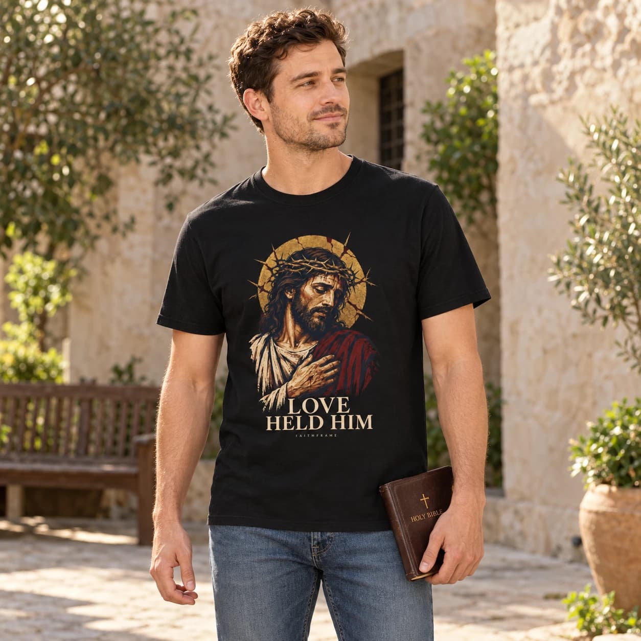 Man wearing the black Love Held Him tee in a sunlit courtyard, carrying a Bible at his side