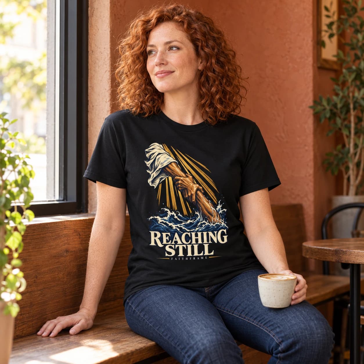 Woman wearing the black Reaching Still tee beside a cafe window, holding a coffee cup low at her thigh