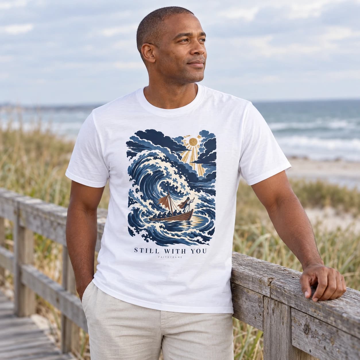 Man wearing the white Still With You tee beside a timber rail on a coastal boardwalk