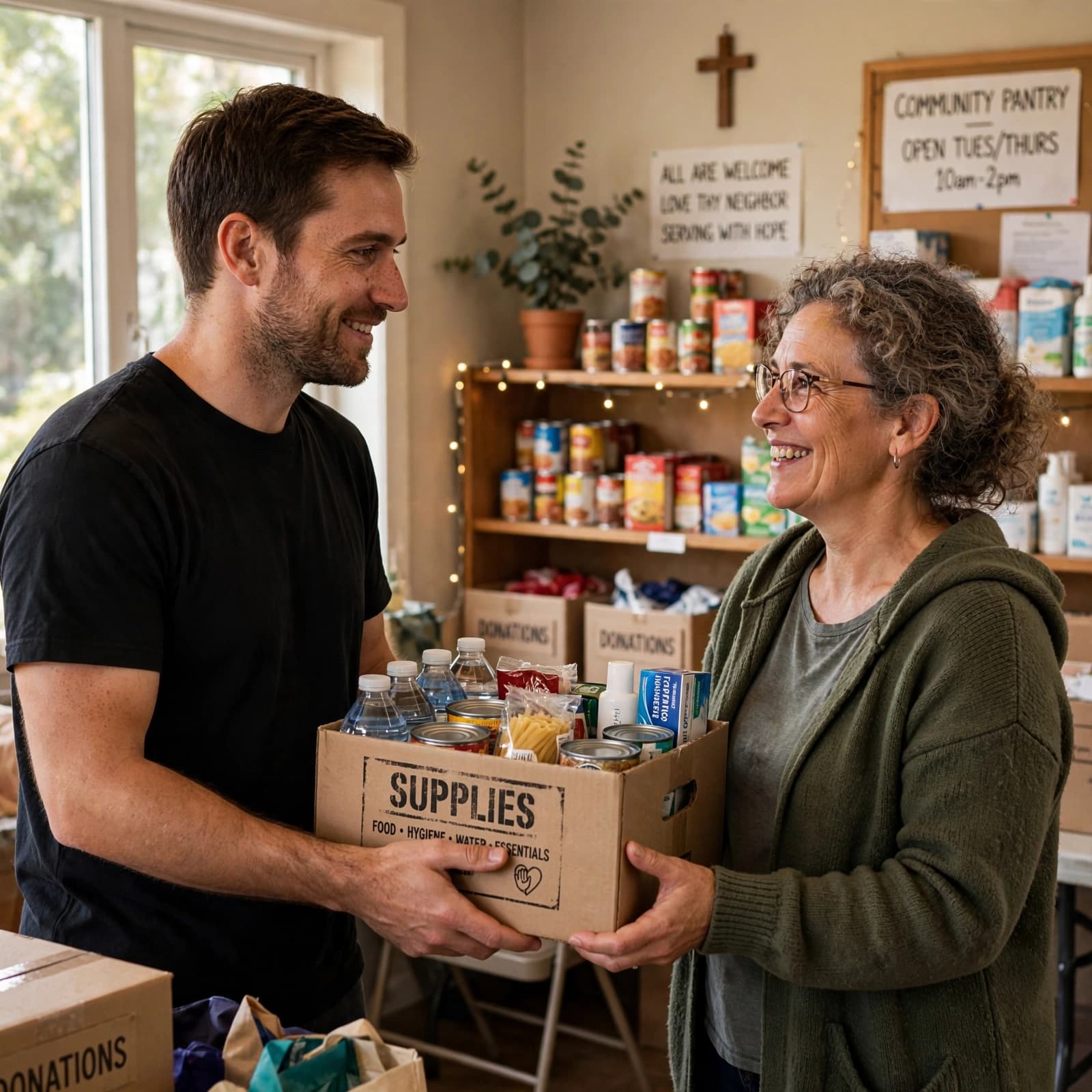 Man wearing the black Strength to Serve tee while volunteering in a community space