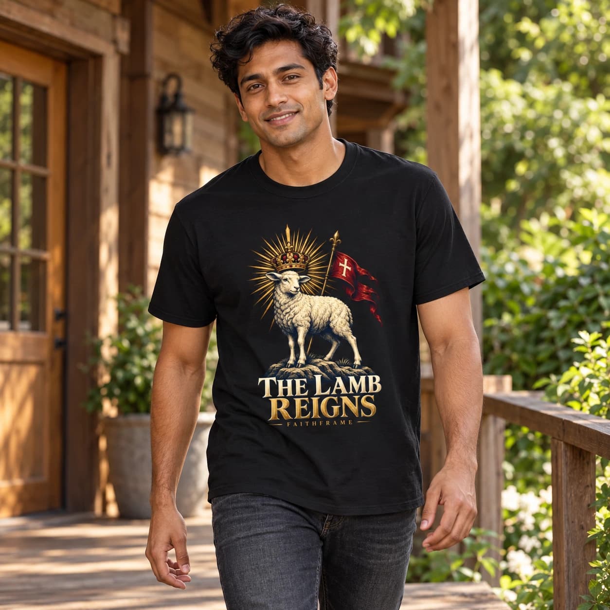 Man wearing the black The Lamb Reigns tee on a weathered timber porch