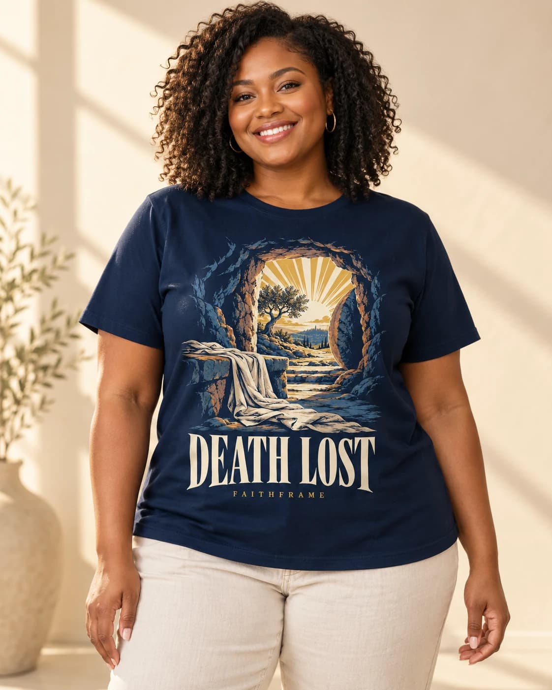 Illustrative adult model in the Death Lost tee