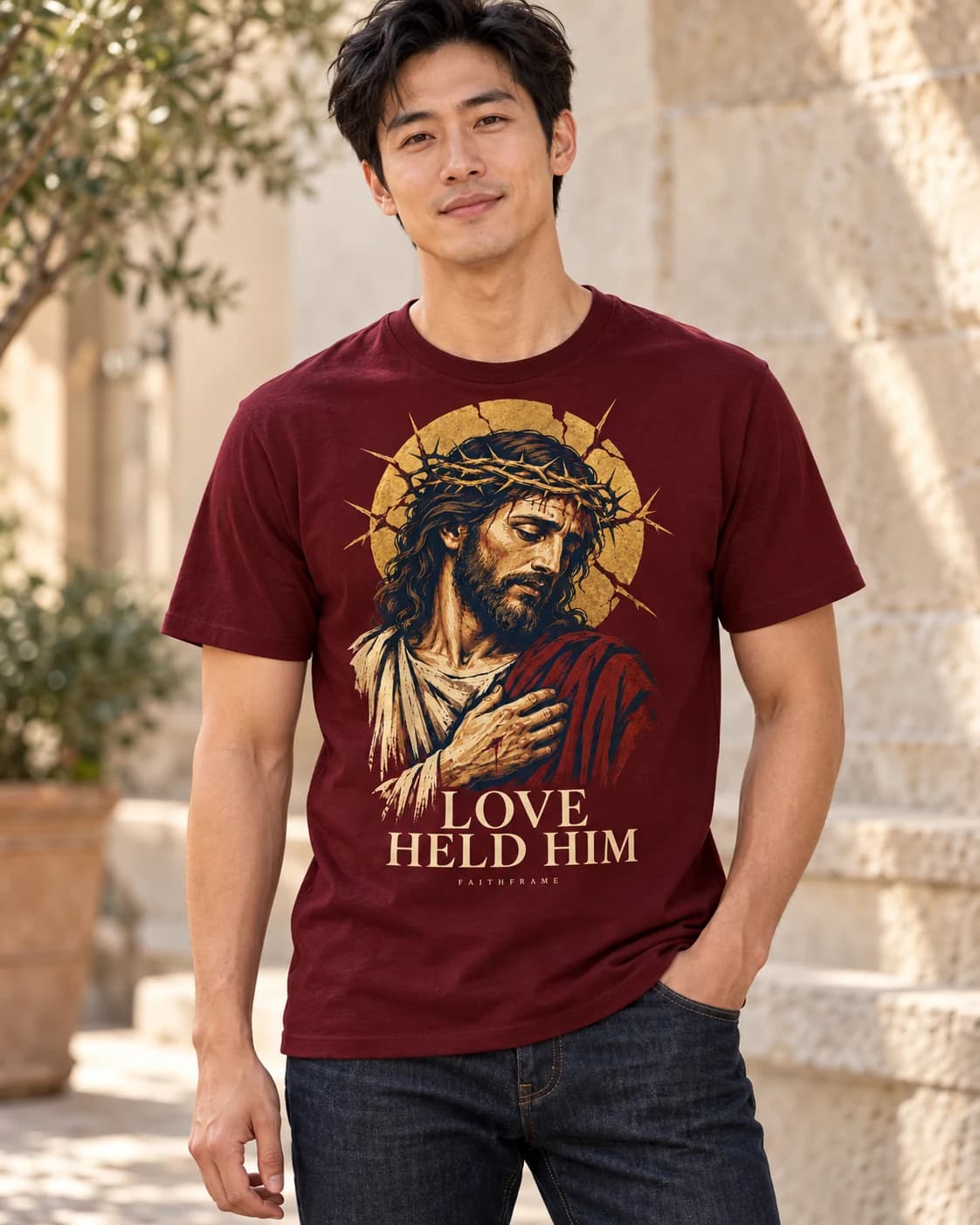 Illustrative adult model wearing the oxblood Love Held Him tee