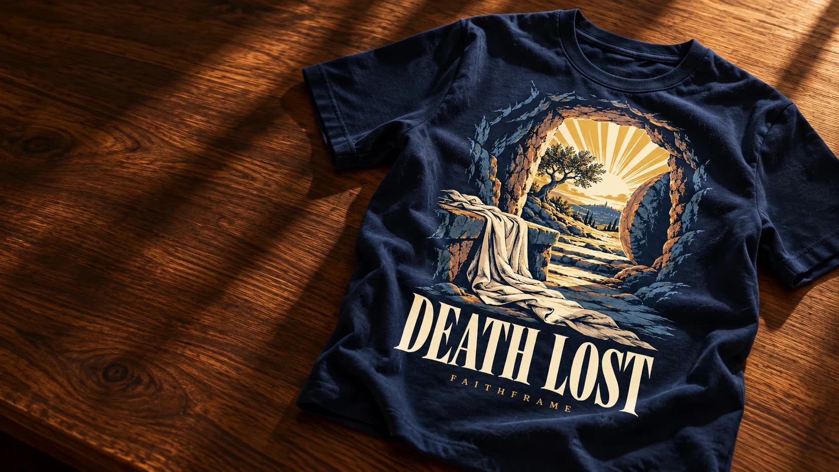 Illustrative navy Death Lost tee on a sunlit walnut table