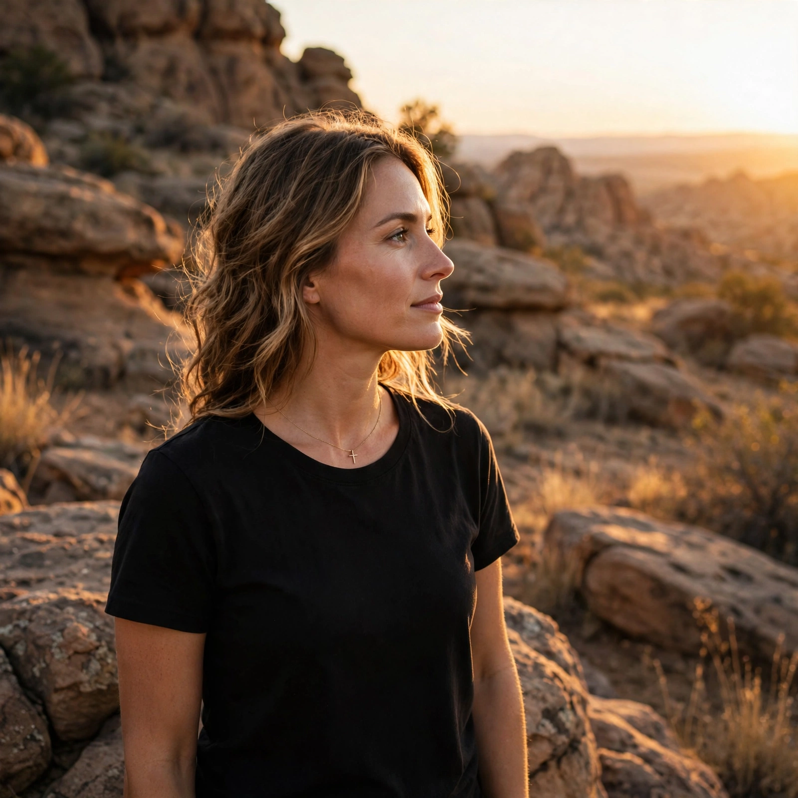 Woman wearing the black Built on the Rock tee on rocky terrain at golden hour
