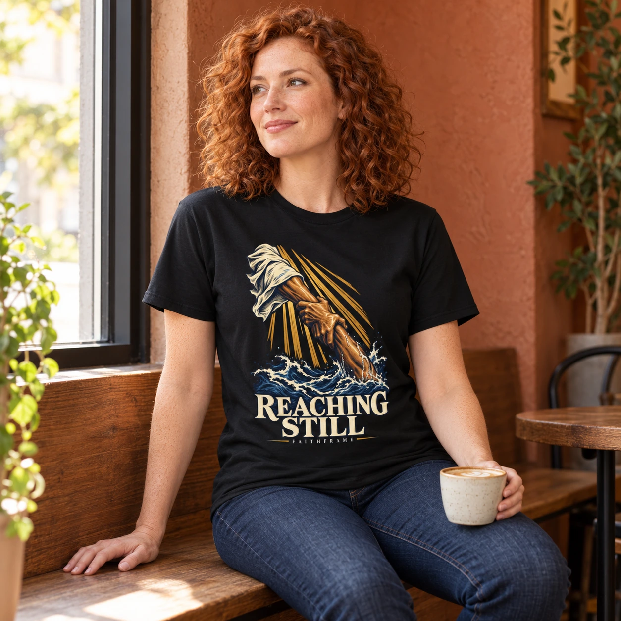 Woman wearing the black Reaching Still tee beside a cafe window, holding a coffee cup low at her thigh